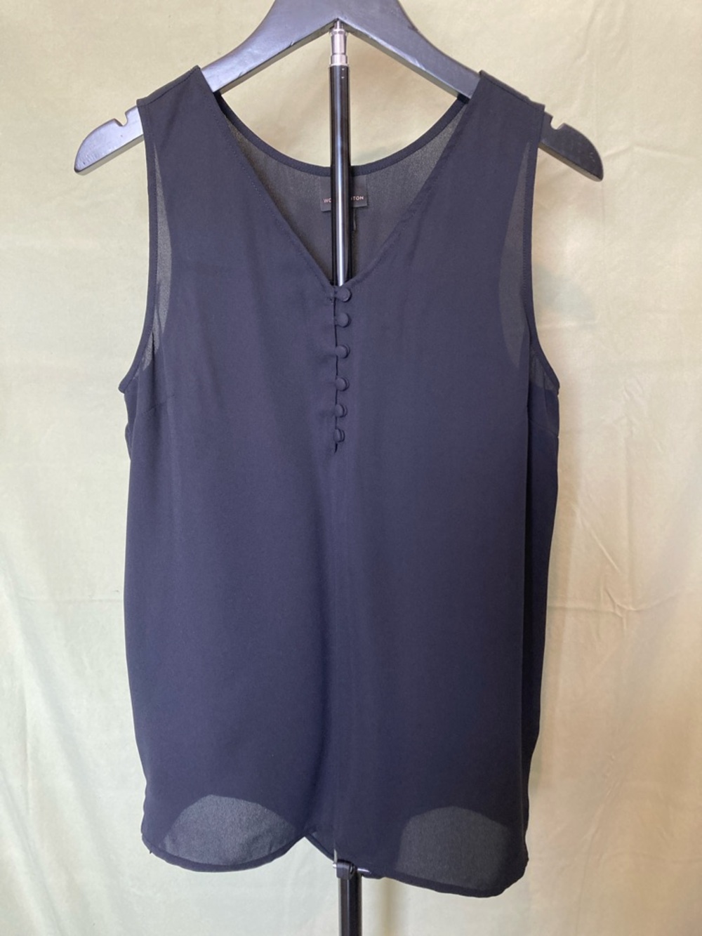 Worthington Women’s Sheer Black Sleeveless V-Neck Shell with Covered Buttons